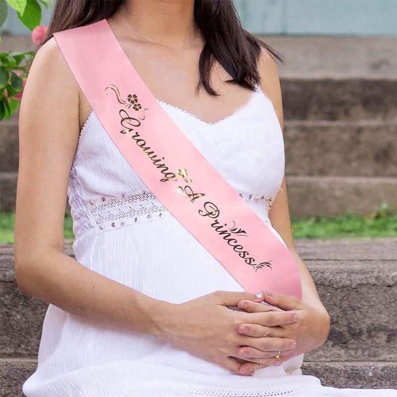 Ulfanit Girls Baby Shower Decoration - Adjustable Flower Crown Tiara and Growing A Princess Sash, Daddy Pin, Pink Party Gift Favors for Expectant Mom Dad Parents - Image 3